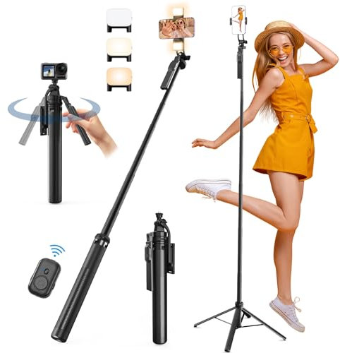 Giecy Perche a Selfie Trepied Smartphone,180cm Selfie Stick avec Télécommande et Lumières LED,Support de Téléphone Extensible en Aluminium Pivotant à 360°,Compatible avec iPhone, Samsung