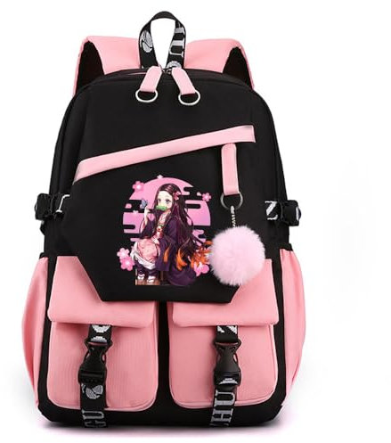 Anime Demon Tanjiro Nezuko Slayers stilvoller Schulrucksack Freizeitrucksäcke Nylon Wasserdicht Daypack mit Haarballen-Anhänger für Damen Mädchen