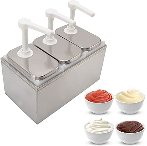 Saucenspender, Gewürzpumpe aus Kunststoff und Edelstahl, Stationssaucenspender, für Ketchup, Senf, Honig, Milch, Bechamel, Schokolade, Speiseöl und Sojasauce usw (Dreifache Pumpe)