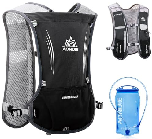 TRIWONDER 5L Trinkrucksack, Ultraleicht Laufweste, Laufrucksack mit 1.5L Trinkblase oder 500ML Flasche Fahrradrucksack für Laufen, Marathon Radfahren (Schwarz - mit 1.5L Wasseblase, Einheitsgröße)