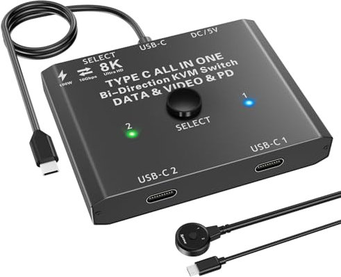 YOUTINGHDAV USB C Switch 2 in 1 out, USB C KVM Switch 2 Laptops 1 Monitor 4K@120Hz, 100W PD / USB3.1 Gen 2 / 10Gbps /Wired Remote