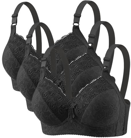 3er Pack BH Damen ohne Bügel Push Up Bra Sexy Starker Halt Große Brüste Klassische BH Set Weich Bequemer BH Unterwäsche Bra mit verstellbarem Fitness Dessous für Alltag