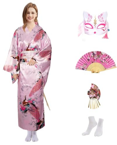 CRFASIBE 5 Pièces Kimono Robe Femme, Traditionnel Japonaise Paon Geisha Yukata Robe Longue, Photographie Cosplay Costume Set (Rose)