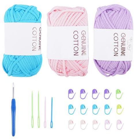 FOGAWA 3 Pezzi Filati Maglieria All'Uncinetto Fettuccia per Borse a Uncinetto, Filato per Tessitura Cesti di Filati All'Uncinettoper Ferri e Uncinetto(Viola chiaro, rosa, blu lago)