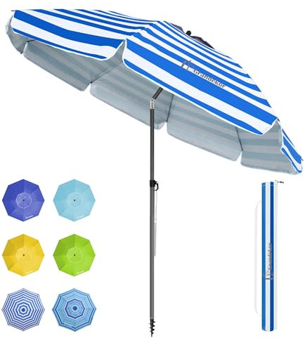 Grandekor Sonnenschirm Ø180cm winddichter Strandschirm Balkon Gartenschirm Marktschirm, Terrassenschirm mit Bodenhülse & Drehstange & Schutzhülle, Blau und weiß Streifen Rund Sonnenschutz UV50+