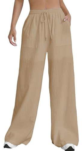 Nuofengkudu Khaki Wide Leg Trousers for Women UK Cotton Linen Drawstring Elastic Waist Pockets Loose Long Ladies Lounge Pants Yoga Comfy Lightweight Bottoms Leisure Joggers Summer Holiday Beach XL