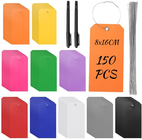 Rustark 152Pcs 10 Farben Kunststoff Versandanhänger 8x16CM Etikettieranhänger Wasserdichte Versandanhänger mit Ösen Hängeetiketten mit Draht Geschenkanhänger für Gepäck Garage Inventar Auto
