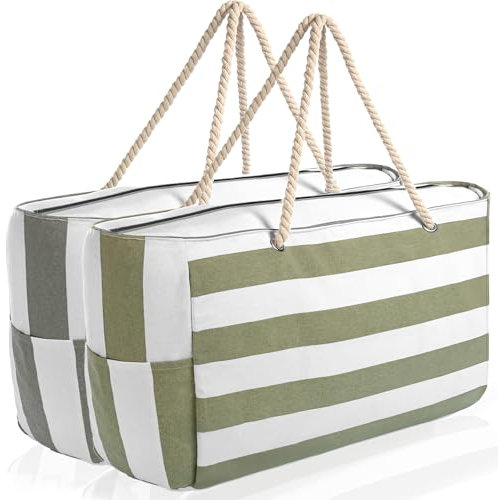BigDean Strandtasche XXL große Badetasche mit Reißverschluss Schwimmbad Tasche Saunatasche Einkaufstasche Umhängetasche (Grün Weiß & Grau Weiß)