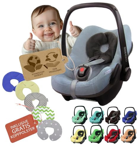 Frottee Sommerbezug [Schonbezug für Babyschale] Autositz kompatibel mit Maxi Cosi Pebble und Pebble Plus + GRATIS Kopfpolster (blau-grau)