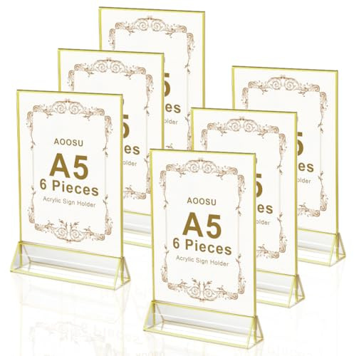 AOOSU Acryl Display Ständer, 6 Stück Tischaufsteller A5, T-Ständer Aufsteller Doppelseitiger Vertikaler Tischaufsteller Menükartenhalter für Restaurants, Cafés, Büros, Fotos (Goldrand)