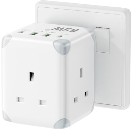 Cube Plug Adapter with USB C PD65W, 3 Way Multi Plug Adaptor with 2 USB-A & 2 Type-C Ports, UK Wall Socket Extension with 13A Fused Plug, Compact Cube Design Adapter Plug