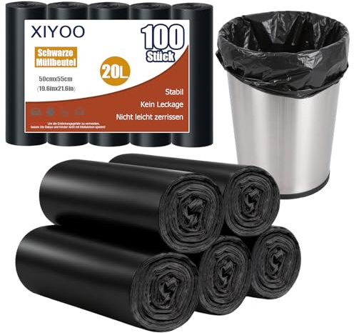 XIYOO Kleine Müllbeutel 20L Müllsäcke 100 Stück Schwarz Abfallsäcke Reißfest Mülltüten,Geeignet für Badezimmer,Küche,Büro