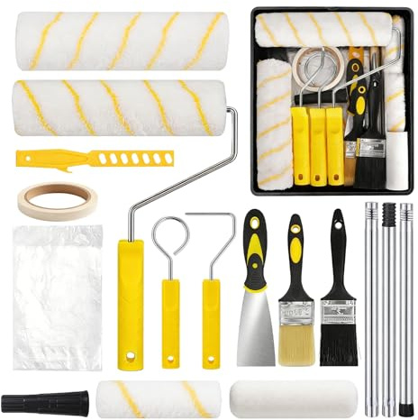 Rouleau Peinture Set, 18 Pièces Ensemble de Rouleaux de Peinture avec Rouleau 4/9 Inch Pinceaux Bac à Peinture Grattoir Rallonge Outils de Peinture pour Murs Plafond Portes Garnitures
