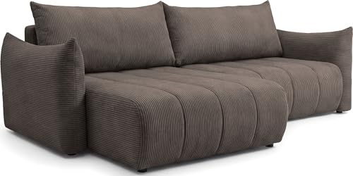 WFL GROUP Ecksofa mit Schlaffunktion & Bettkasten – Skandi 4-Sitzer Schlafsofa in L-Form – Freistehende Eckcouch, Ottomane Links oder Rechts Montierbar – Liegefläche 220 × 145 cm – Cordstoff Braun