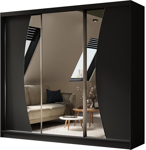 BEAUTY SOFA Vox - Schrank mit Spiegel - Kleiderschrank mit Schiebetüren - Garderobenschrank, Mehrzweckschrank, Flurschrank - 240cm breit - Schwarz Matt