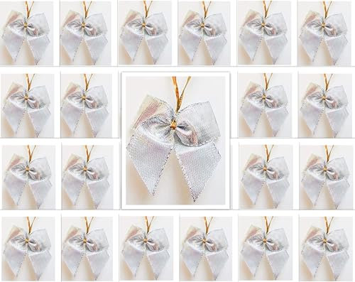 24 Stück Lurex-Glitzer-Schleifen Weihnachtsbaum 6 cm mit extra langem Befestigungs-Clip (Silber Glatt)