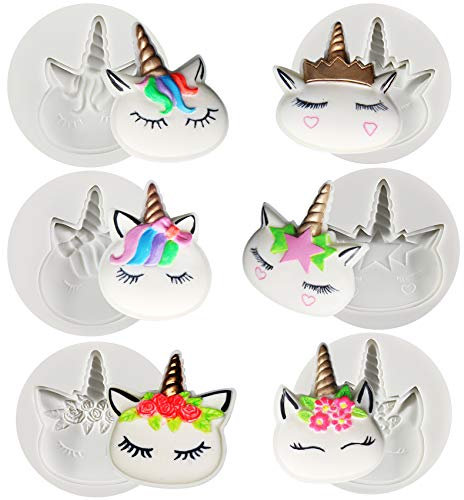 Musykrafties Moldes de silicona con cara de unicornio arcoíris, 6 unidades, 2.1 pulgadas de alto