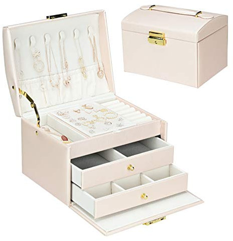 Podazz Women's Jewelry Orgnizer Leather Jewelry Box Case Storage Organizer with Mirror Earring Necklace,Ring Display Christmas Xmas Mother's Day Birthday Gift for Wife Mother Girl (Pink)