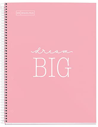 Miquelrius - Taccuino A4, Notebook Messaggi, 1 striscia di colore, 80 fogli a righe, Carta da 90 g/m², 4 fori, Quaderno A4 con copertina rigida, Rilegatura a spirale, Colore rosa