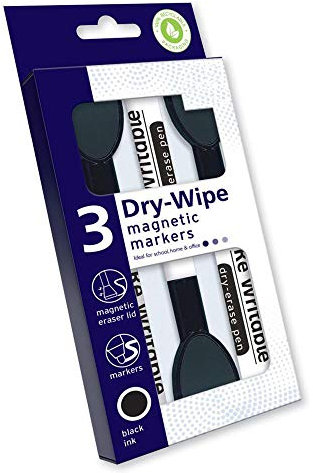 Guilty Gadgets Pack of 3 Dry Wipe Magnetic White Board Marker Black Pens Dry Eraser Easy Wipe Whiteboard