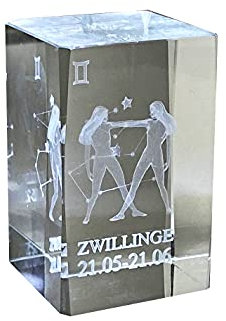 ORTCI 3D Glas Kristall Quader XL Sternzeichen Zwilling im Hochformat - Wandmontage Deko Wandkunst für Wohnzimmer, Esszimmer, Heimbüro