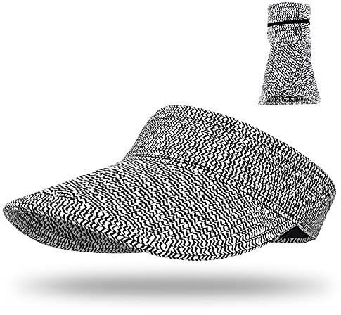 LADES DIRERCT Breite Krempe Strohhut Damen Faltbar Visor Cap Sonnenhut für Sommer Stroh Hut Einstellbar (Schwarz-weiß)