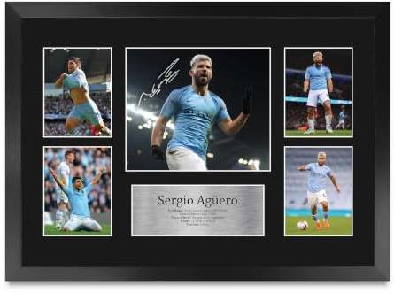 HWC Trading Sergio Aguero Manchester City Man City Gifts A3 Gerahmtes Autogrammbild für Fußballfans und Fans – A3