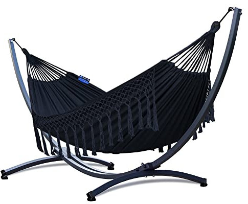Potenza Outdoor Hängematte mit Gestell für 2 Personen I Baumwolle Doppelhängematte XXL 220x160, 200kg I Hängemattengestell 220kg, wetterfest (Santia-Schwarz, Basic Gestell Graphit)