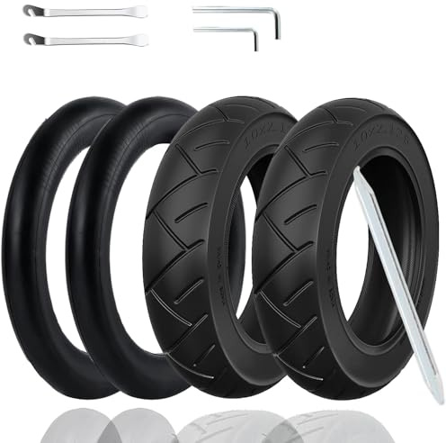 OUXI 4Pack Electric Scooter Tyre 10 x 2.125,10 inch Inner Tube Electric Scooter Outer Tire&Inner Tubes Double Thicken Inflatable Front/Rear Replacement Rubber Tires with 0° Valve Angle and Crowbars