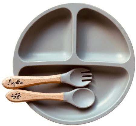 Assiette/couverts pour enfant personnalisé en bois et silicone, idée cadeau naissance, baptême, noël pour bébé