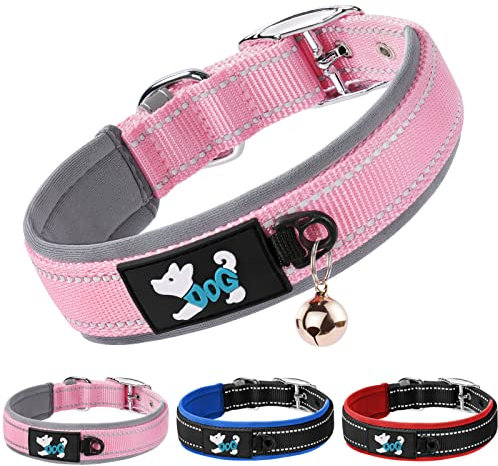 AUAUY Collier pour Chien, Collier Réfléchissant en Nylon Réglable, Confort rembourré Colliers Pet avec Boucle en Métal et Grelot pour Toutes Les Variétés Petit, Moyen Gros, Grand Chiens (Rose-M)