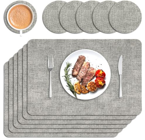 Sarsumir Placemats, Placemats and Coaster Sets 6 Place Mats and 6 Coasters PU Leather Dining Table Mats Washable Heat Resistant Non-Slip for Home Kitchen Restaurant, Light Grey