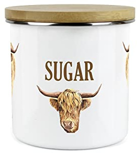 Purely Home Highland Cow Sugar Canister - White Metal Enamel Kitchen Food Storage Container