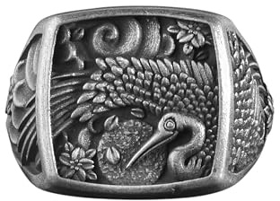 BySilverStone Jewelry – Storch-Vogel-Blumen-Ornament-Ring Für Männer, Traditioneller Silberreiher-Ring, Siegelring Für Männer, Handgefertigter Ring Am Kleinen Finger, Japanischer Ring