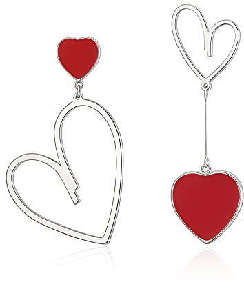 EVER FAITH Asymmetrische Ohrringe Herz Tropfen schwarze mismatched earrings Rot Silber-Ton