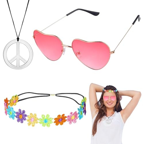 ARONRAVE Hippie Kostüm Set, 70er Jahre Hippie Kleidung Damen Hippie Accessoires Set mit Vintage Brille Friedenszeichen Halskette Hippie Accessoires Frauen Damen Kleid für Karneval Motto Party