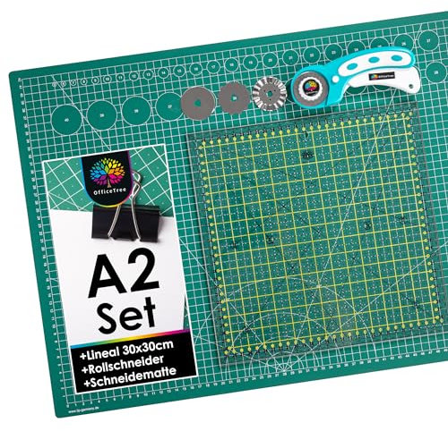OfficeTree Schneidematte Set A2 60x45 + Rollschneider + Patchwork Lineal 30x30 cm - Schneidematte A2 Selbstheilend - Schneiderlineal Schneiderunterlage und Rollschneider Set - Schneidunterlage nähen