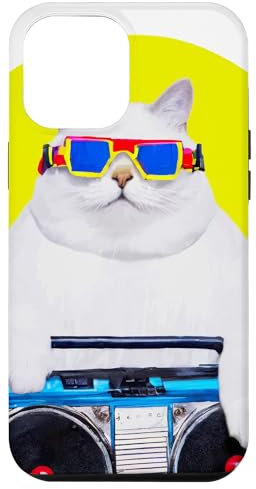 Hülle für iPhone 14 Plus dicker weißer Kater mit Ghettoblaster im 80er Look Musik