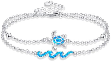 ONEFINITY Schildkröte Armband für Damen 925 Sterling Silber Blau Opal Wave Armband Verstellbares Ocean Layered Armband Strand Schmuck Geschenk