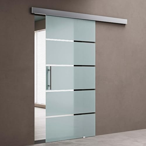 doporro Glasschiebetür Komplettset Softclose 77,5x205cm Milchglas-Streifen | 15mm Wandabstand | Schiebetür mit 8mm ESG-Sicherheitsglas | Zimmertür Glas mit Stangengriff | Amalfi-plus 13