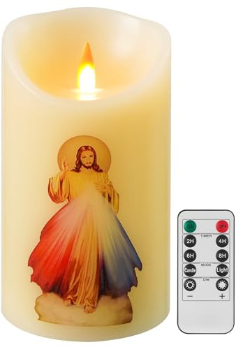 QQFCTOO LED Barmherziger Jesus Kerze mit Fernbedienung & Timer, Echtwachs, 3D-Flamme, 8 x 15 cm