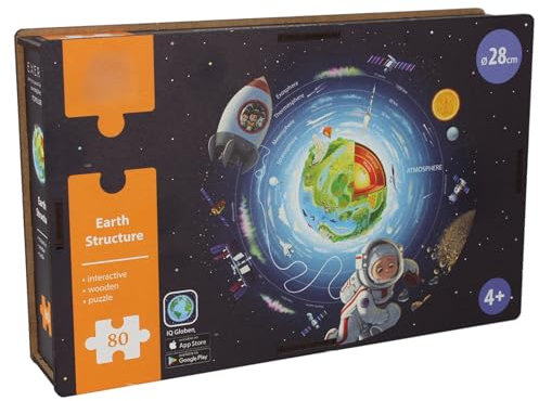 EXERZ 80-teiliges Holzpuzzle, rund, Durchmesser 28 cm, „Erde und Weltraum“, einzigartige runde Form, interaktive AR-Funktion für Weltkarte mit kostenloser iOS-App