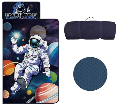 Schlafsack Kinder mit Kopfkissen Reißverschluss, Faltbare Kinderschlafsack mit Kissen Abnehmbar für Mädchen Jungen, Leicht Reinigen Schlafsack für Outdoor Indoor Camping, 150×60cm (Astronauten)