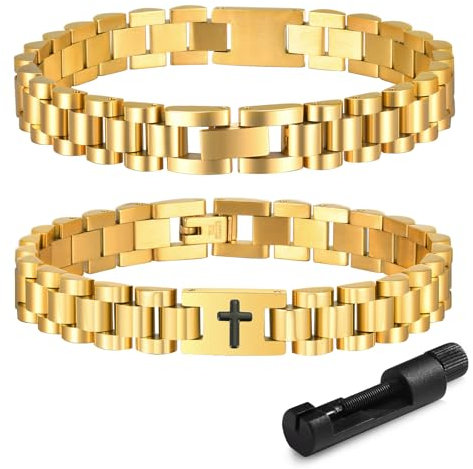XUANPAI Armband Herren Edelstahl Kreuz Herrenarmbänder - Jesus Christus Kruzifix Männer Armband Einstellbar mit Knebelverschluss Geschenk für Sohn Papa Ehemann Bruder Konfirmation Weihnachten (Gold)