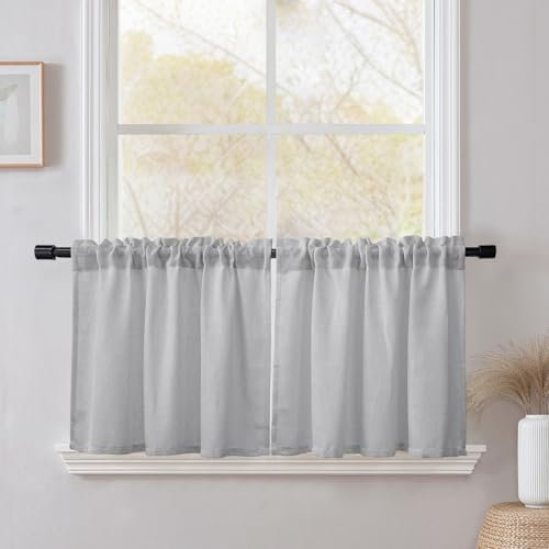 CUCRAF Kitchen Curtains Linen Blend, W 26 x L 24 Inch 2 Panels Cafe Curtains for Small Windows, Short Lightweight Curtain for Rod Pocket Kitchen Sink Cupboard Bathroom, Grey