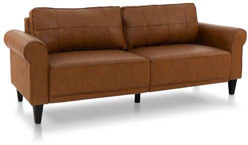 Modernes 3-Sitzer-Sofa aus PU-Leder mit überfüllten Kissen, 206 cm, Couch für Wohnzimmer, Büro und Empfangsraum, Braun, gepolstertes Schlafsofa, Sofa mit Massivholzbeinen, bequemer Lounge-Sitz