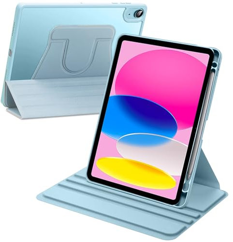 A-BEAUTY Rotante Custodia Compatibile con iPad 10 Generazione 10,9 Pollici 2022 A2696 A2757 A2777 con Portapenne, Rotazione a 360° a Tre-Ante Supporto Cover Chiaro Retro, Blu Cielo