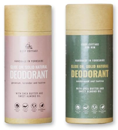 Cosy Cottage Natural Glide-On Deodorant - Bundle Pack of 2 x 60g | 1x Sandalwood and Tea Tree and 1x Geranium and Lavender Essential Oils | Long-Lasting, Paraben Free, Aluminium Free, Plastic Free
