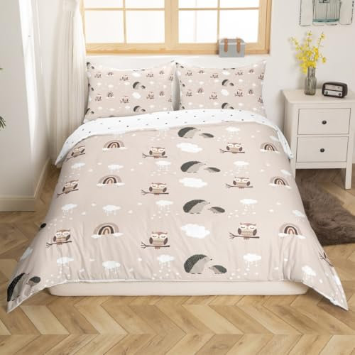 Loussiesd Nette Kinder Bettwäscheset Lgel Bettbezug Set Eule Druck Bettwäsche Set 135x200cm Mikrofaser für Jungen Mädchen Tiere Betten Set Regenbogen Dekor 2Stück