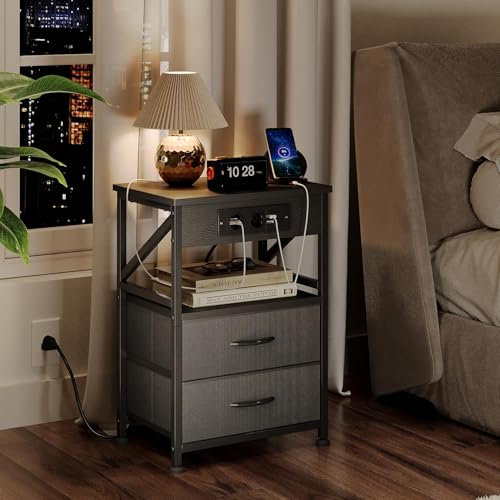MUTUN Nachttisch 2er Set, Nachttische mit Steckdose, Beistelltisch mit Schublade & Ladefunktion, Nachttische mit 3 AC-Anschlüsse & 2 USB-Anschlüssen, Grau